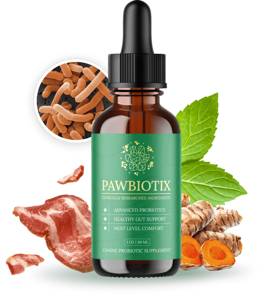 PawBiotix bottle with bacon, turmeric root and probiotic close-up
